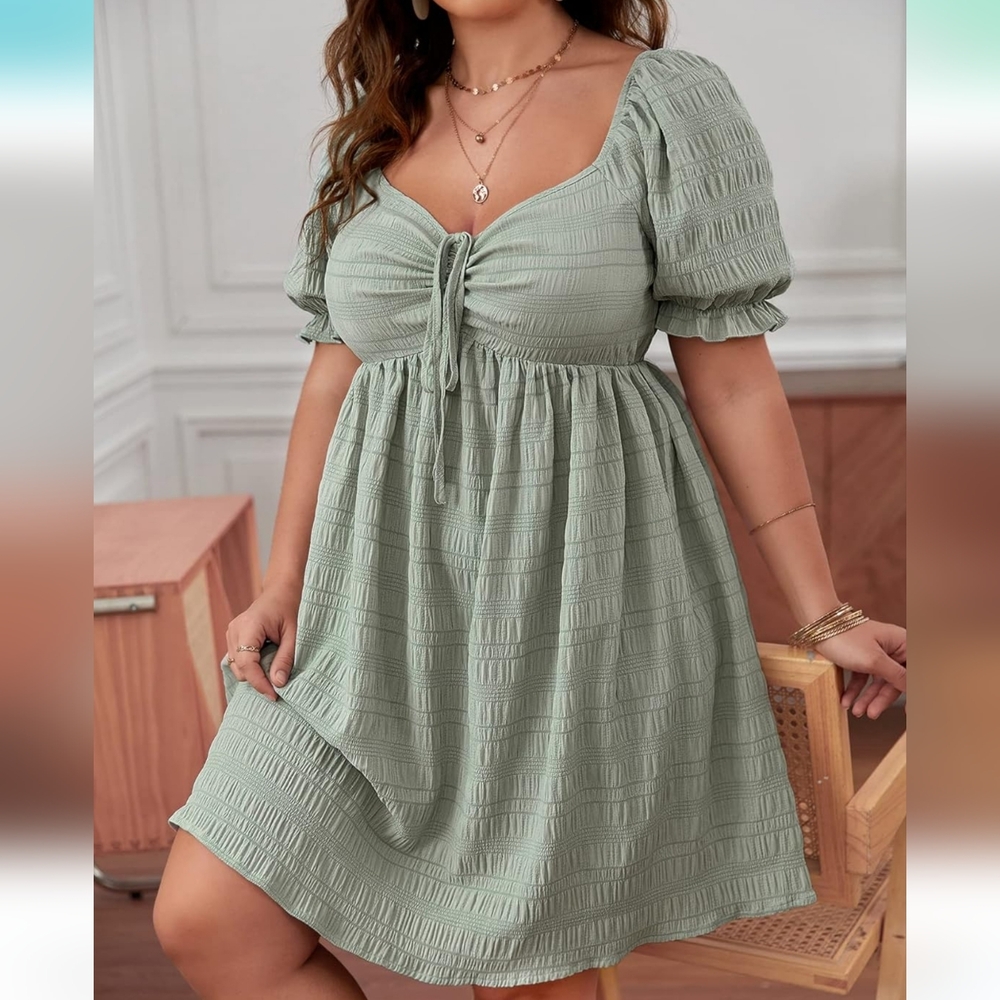 Light Sage Green Puff Sleeve Babydoll Dress (3X Plus)